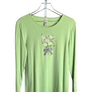 Long Sleeve 100% Cotton T-Shirt - daisy embroidery - soft green - size medium